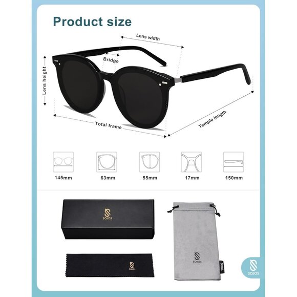 🆕SOJOS Womens Shiny Black Classic Round Retro Vintage Large Frame Sunglasses - Picture 8 of 8